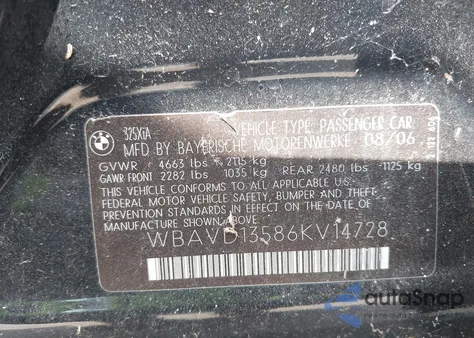 2006 BMW 325Xi из США, поврежденный, VIN WBAVD13586KV14728